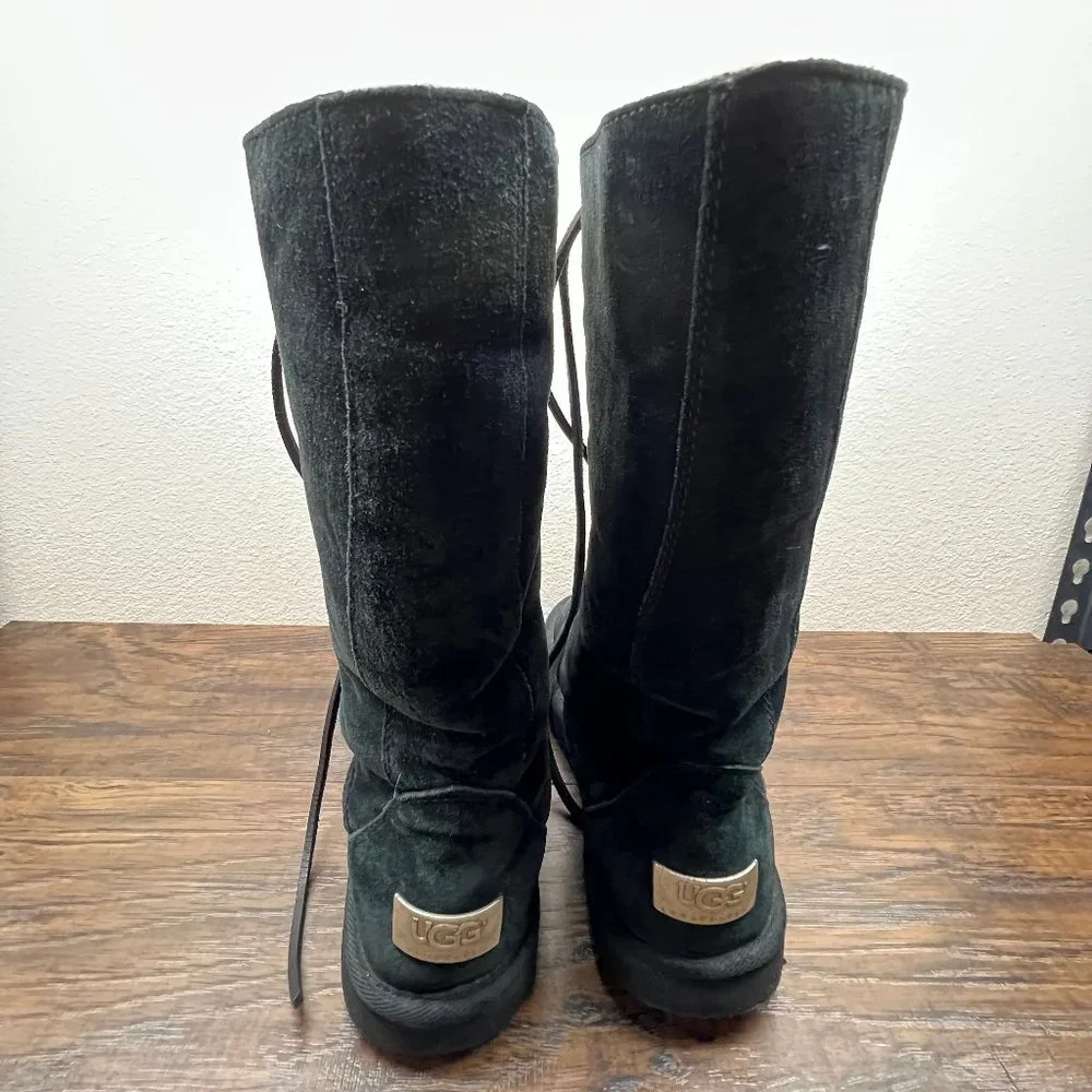 UGG Tularosa Black Suede Lace Up Sheepskin Tall Boots Women's Size 8 5190 - Picture 4 of 10